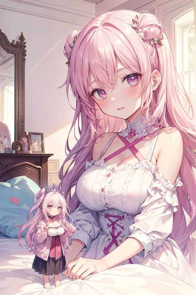 (miniature woman in front of a giantess breasts: 1.2), (miniature woman in front of the breasts of a giantess: 1.2), a giantess looming over a minigirl on a bed, (miniature woman on a tiny blanket in front of a girl: 1.1), (princess bed: 1.2), (2girls:1.8), (giantess:1.2), (size difference: 1.2), (height difference: 1.5), (bra:1.2), (minigirl:1.5), (mature adult age girl: 1.5), scared, happy, >:D, (looking down at a girl: 1.1), (looking up at a giant: 1.1), blushing, anime style 4 k, beautiful anime portrait, very detailed, simple colors, pastel, (vibrant and aesthetically pleasing), (a woman with a fragile build: 1.1), (smooth shiny skin: 1.1), (absurdres:1.1), (huge breasts with cleavage:1.3)