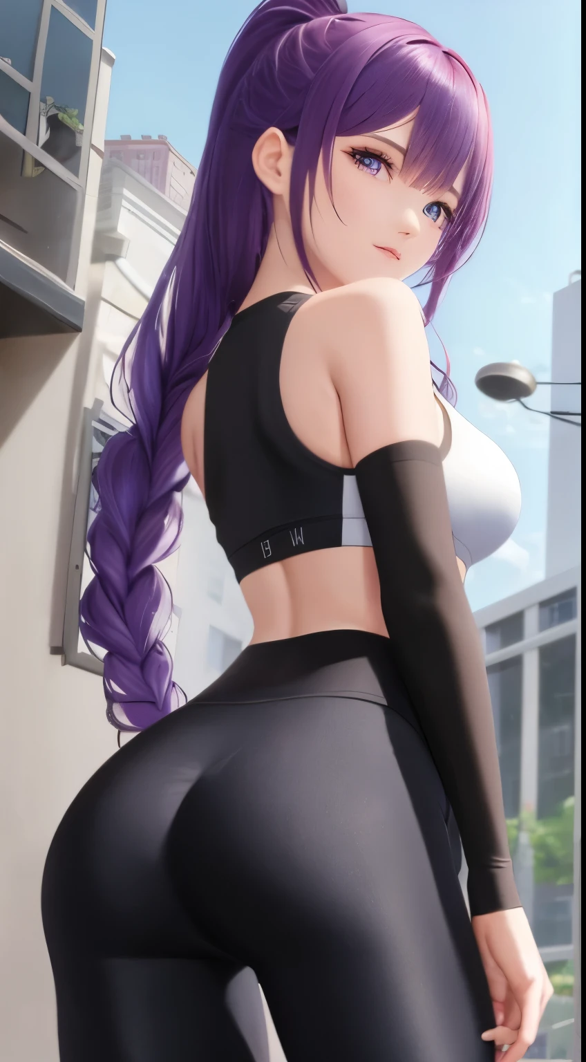 (masterpiece, best quality), high quality, absurdres, highres, ultra detailed, intricate, beautiful woman, 1girl, kafka \(honkai: star rail\), star-kafka, looking at viewer, from behind, looking back, ass, toned, sports bra, leggings, high-waist pants, yoga pants, ponytail, purple hair, purple eyes, sunglasses, hair between eyes, eyewear on head, outdoors,