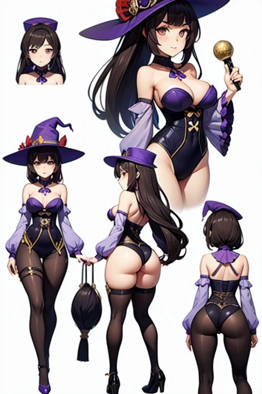 ((master piece)),(((best quality))),(Character design sheet, Same character, same outfit, Front view, side view, back view), illustration, 1 girl, Only, beautiful girl , genshin impact style, full body, archer, purple archer costume, big witch hat, golden eyes, long black hair, medium breasts, corset, open legs, thick thighs, black tights on the thigh, big butt.