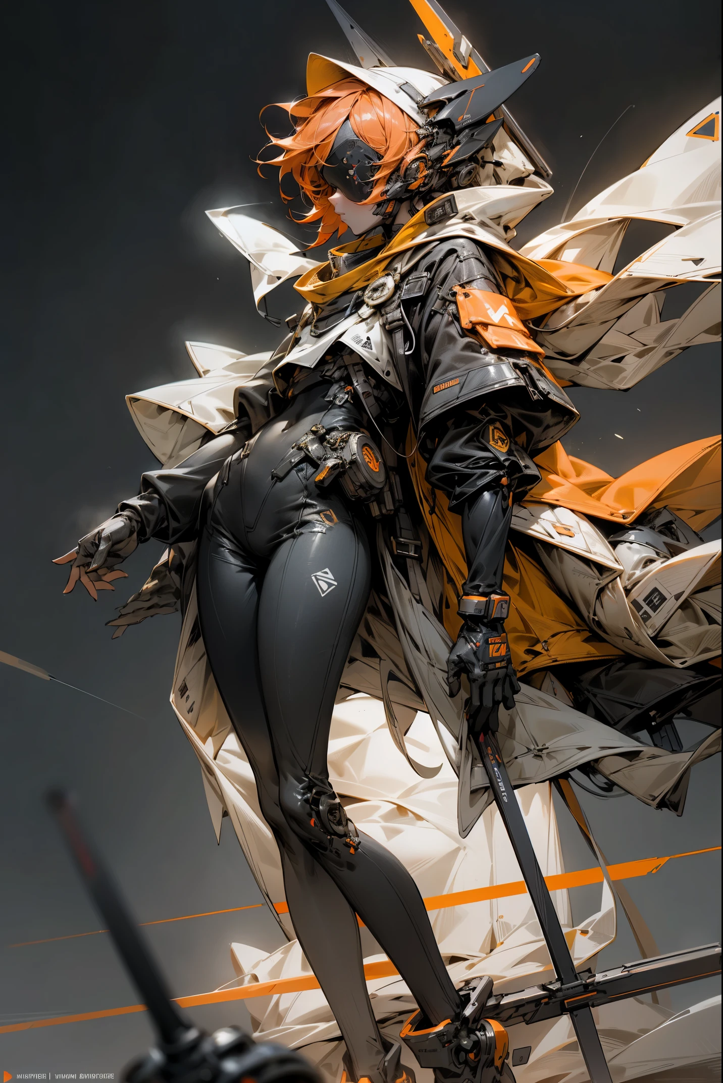 A sci-fi stylized young girl. Multiple-layered raincoat covering a whole body with a "HOPE" text on it. Short orange hair, calm expression. Square bulky visor completely covering the eyes, hood. Cybornetic long legs. Gloved hands. The clothes are black and dark-grey colored. Small crucifix on the chest. 6 small sphere drones with orange neon lights on it floating around separately. Right hand reaching forward. Night Time. Photo realistic.