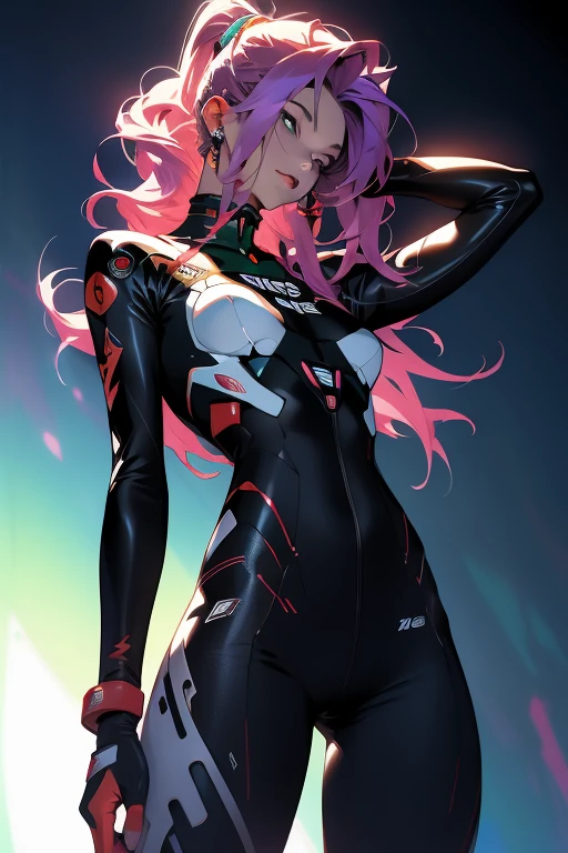 ((Best Quality)), ((Masterpiece)), (detailed: 1.4), (Absurd), 35-year-old woman with Simon Bisley-style micro thong, Genesis evangelion neon style clothing, 2 piece clothing, colored hair, tattoo on arms, cybernetic hand, pastel, centered, scale to fit dimensions, HDR (High Dynamic Range),Ray Tracing,NVIDIA RTX,Super-Resolution,Unreal 5,Subsurface dispersion, PBR texture, Post-processing, Anisotropic filtering, Depth of field, Maximum clarity and sharpness, Multilayer textures, Albedo and specular maps, Surface shading, Accurate simulation of light-material interaction, Perfect proportions, Octane Render, Two-tone lighting, Wide aperture, Low ISO, White balance, Rule of thirds, 8K RAW, crysisnanosuit