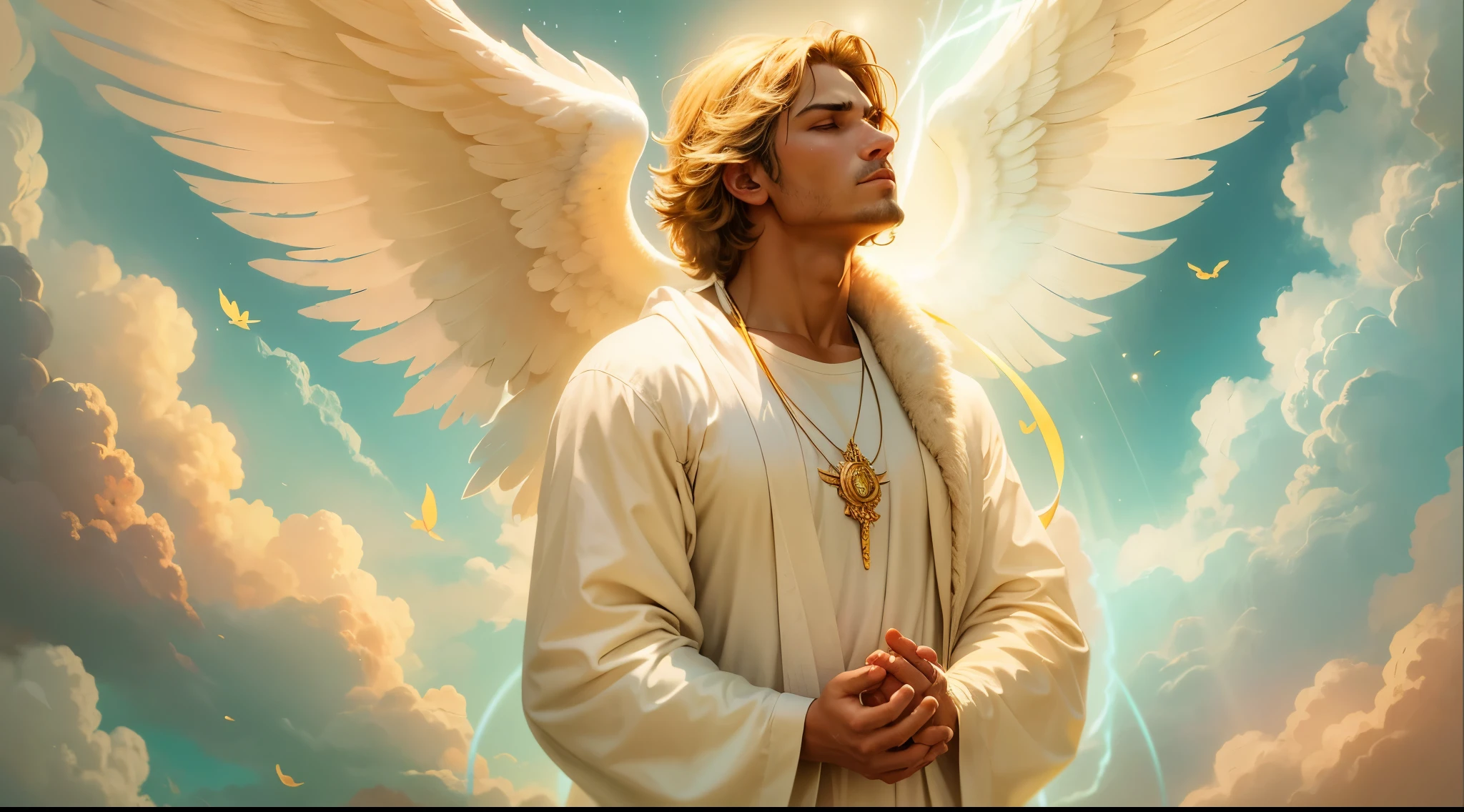 Closeup of an image of a man angel praying and blessing, arcanjo homem com asas grandes, o anjo da fortuna, perfeito, Reslistic, Biblical setting, celestial scenery, sol e nuvens ultras realistas, flores e velas, illuminated archangel of heaven, Passes em segundo plano, flores coloridas, velas acesas, roupas brancas e vermelhas