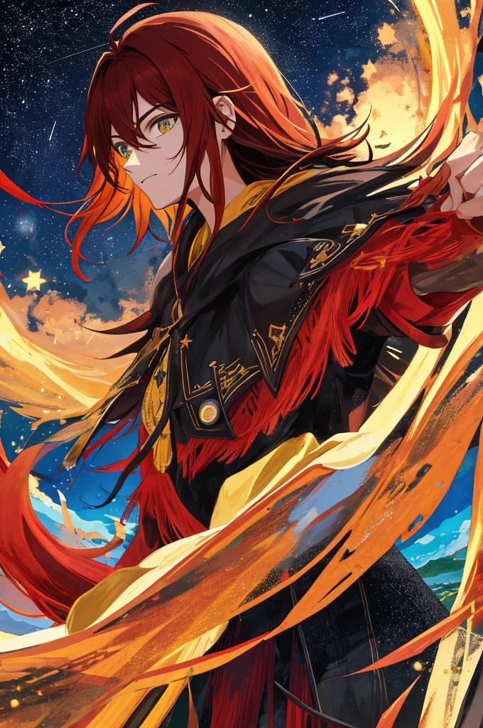 Garoto, Homem cabelo curto preto desgrenhado, olhos multicores, red yellow looking seriously to the side, extraordinary beautiful landscape of stars in the sky, clima noturno, Escuro, brilho no olhar,