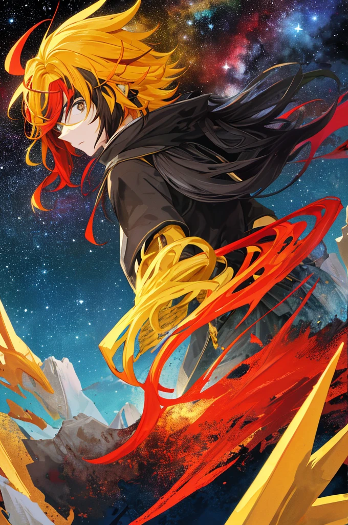 Garoto, Homem cabelo curto preto desgrenhado, olhos multicores, red yellow looking seriously to the side, extraordinary beautiful landscape of stars in the sky, clima noturno, Escuro, brilho no olhar,