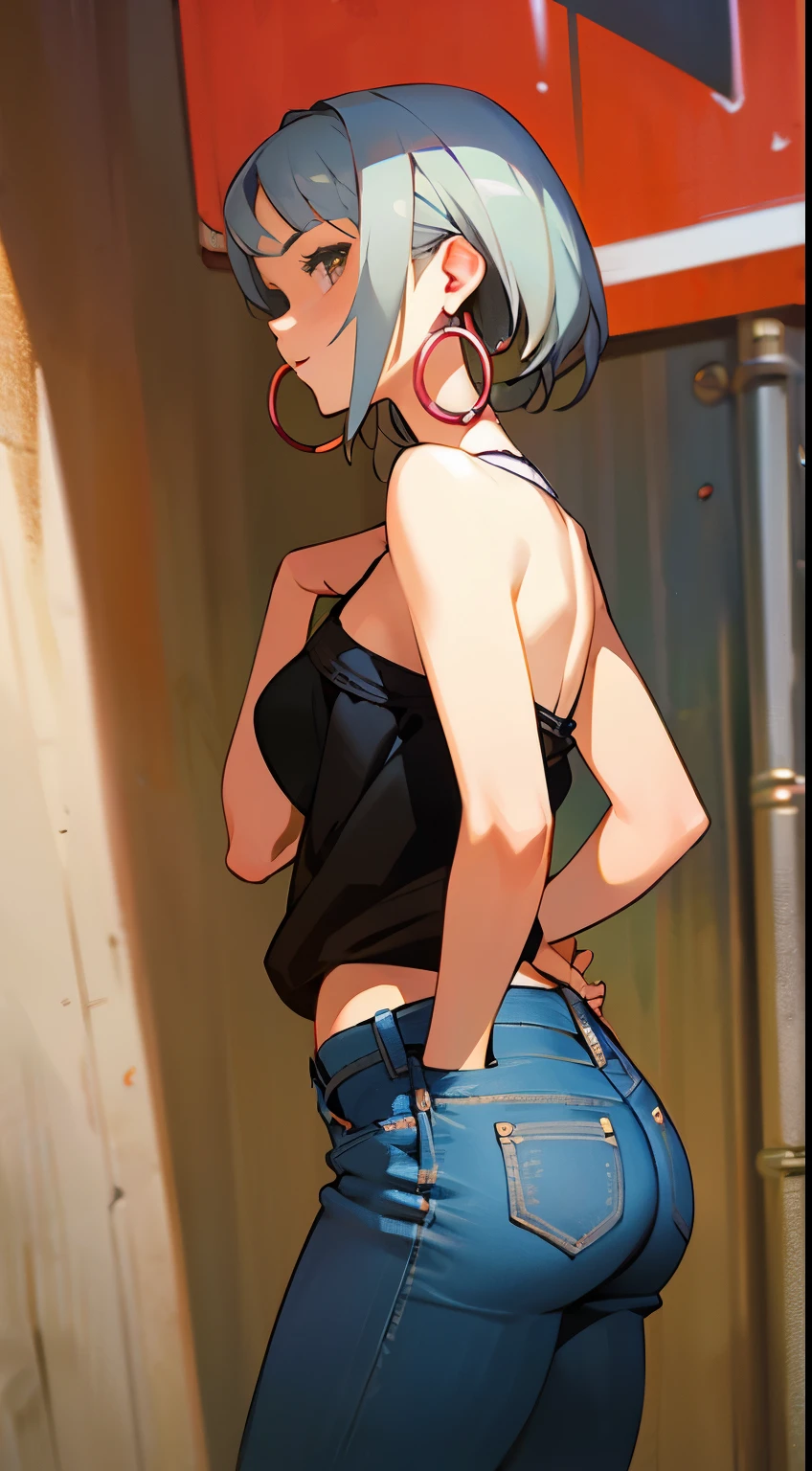 realistic photo, best possible quality, night, street with alley and graffiti on the walls, young woman, 20 years old, brunette with brown eyes, large hoop earrings, very short silver hair, perfect body, her back, definied butt, well-defined hips, she only wears open denim shorts that show the black panties, sensual and mischievous look, makeup