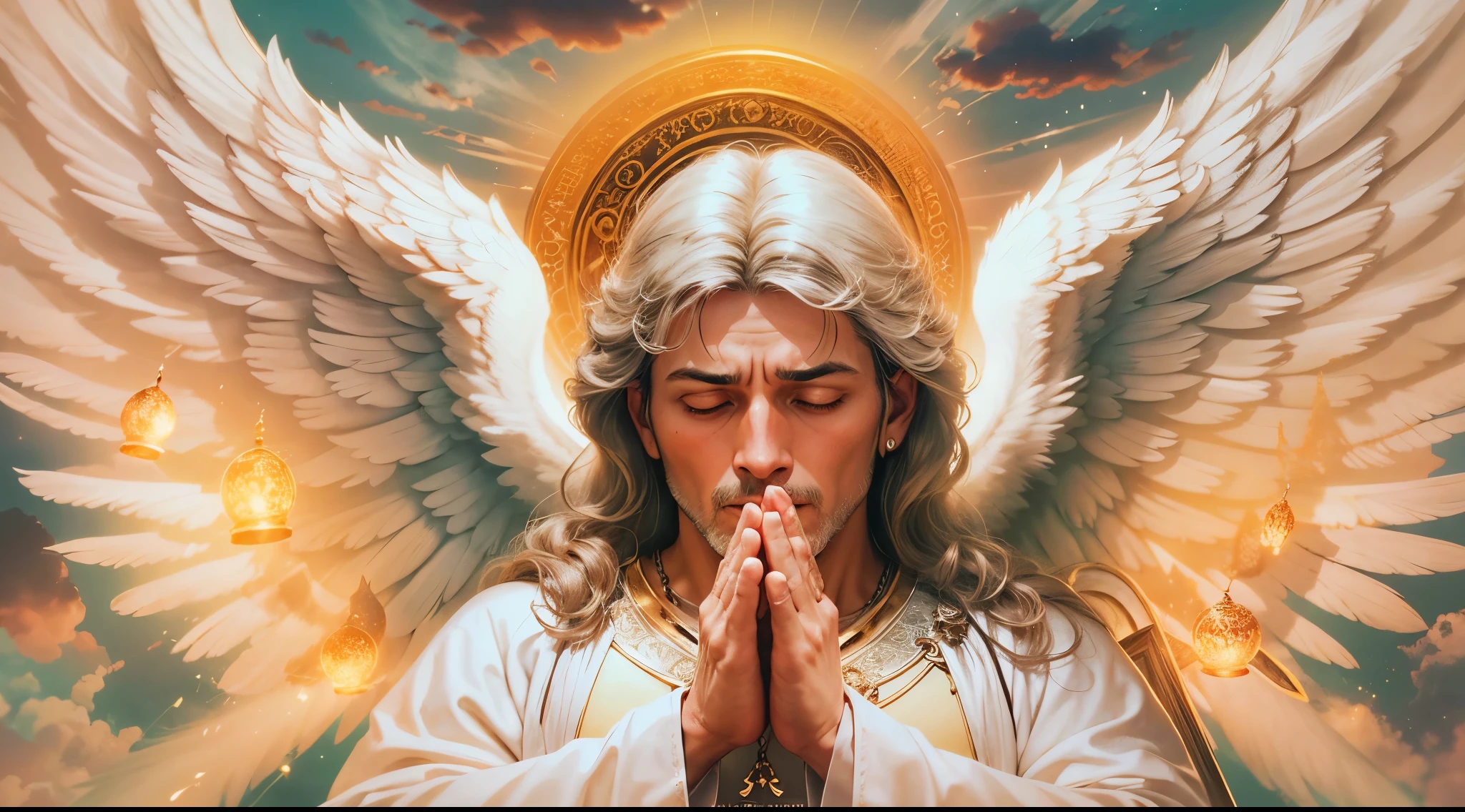 Closeup of an image of a man angel praying and blessing, arcanjo homem com asas grandes, o anjo da fortuna, perfeito, Reslistic, Biblical setting, celestial scenery, sol e nuvens ultras realistas, flores e velas, illuminated archangel of heaven, Passes em segundo plano, flores coloridas, velas acesas, roupas brancas e vermelhas