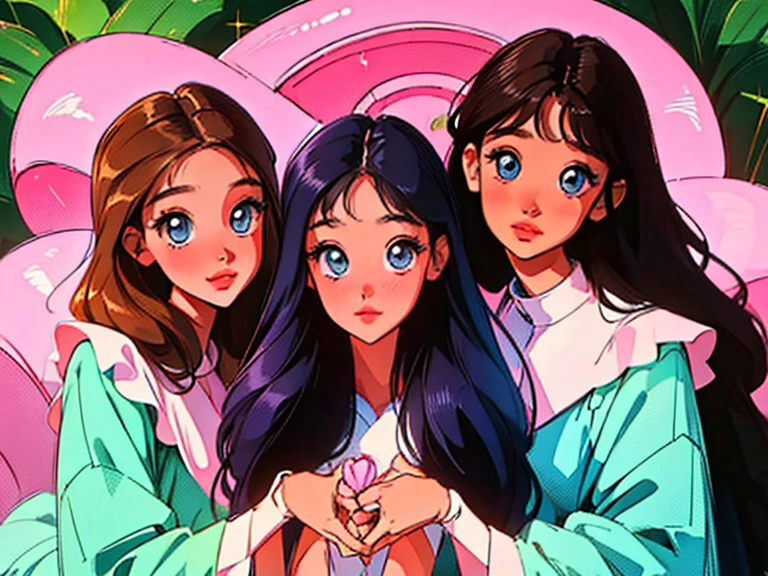 (best quality,highres,masterpiece:1.2),ultra-detailed,realistic,4 anime sisters posing together,beautiful detailed eyes,beautiful detailed lips,long eyelashes,[anime style],gorgeous 17 yr old brunette girl with mesmerizing eyes and a warm smile,[brunette ager:1.1],sweet 14 yr old blonde girl with sparkling eyes and a cute dimple,[blonde teen:1.1],adorable 10 yr old brunette girl with innocent eyes and a playful expression,[brunette girl:1.1],adorable 7 yr old brunette girl with curious eyes and a mischievous grin,[brunette girl:1.1],[group of sisters],vibrant colors,cheerful and harmonious atmosphere,joyful and loving sisterly bond