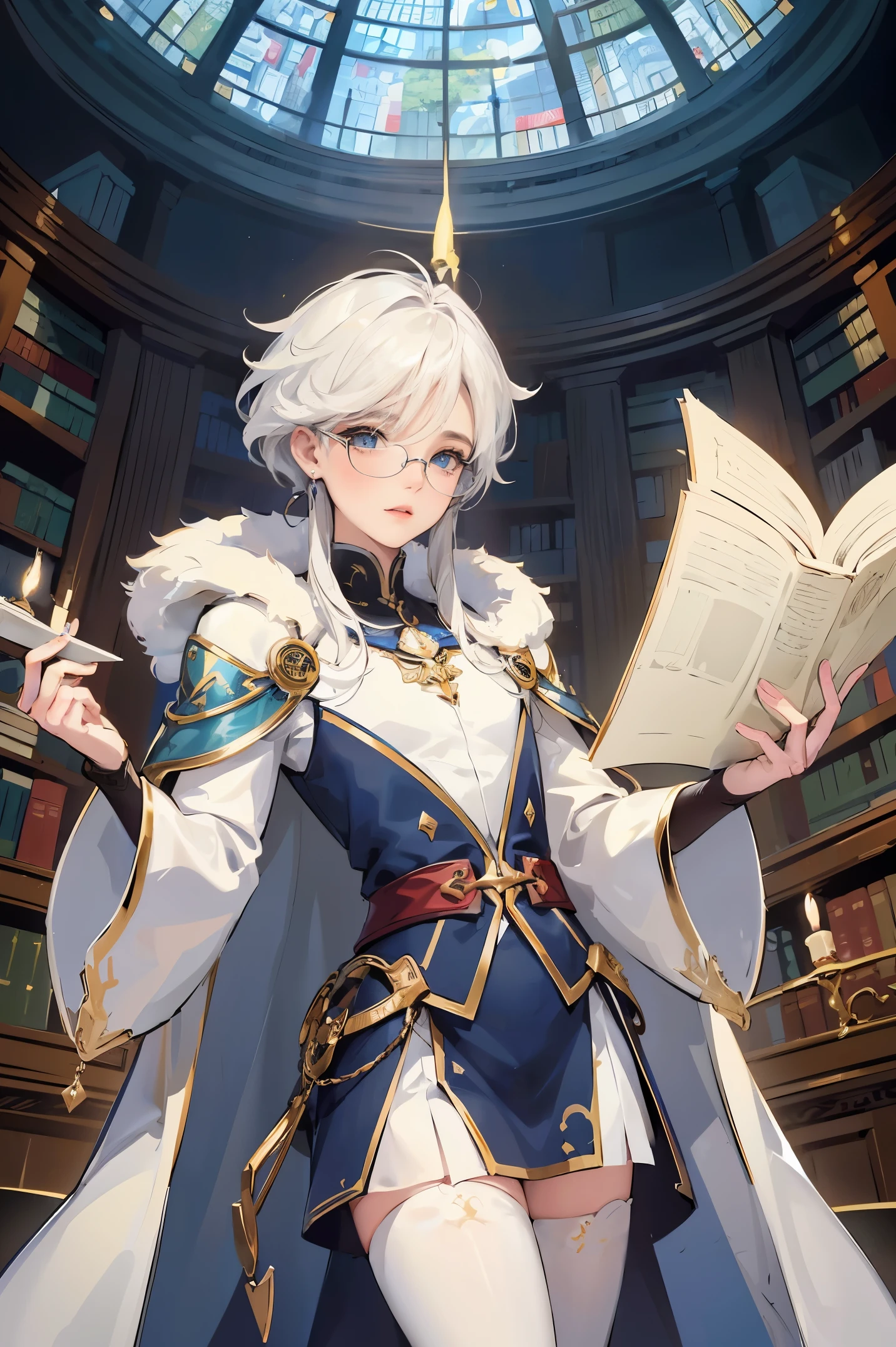 an androgynous boy with long white hair stands inside a large library and holds an open book, the boy is wearing a white cape with blue jewels and gold adornments, in lingerie and glasses, the library is lit by candles and filled with books stacked on the floor, with a large round window in the background showing the galaxy with a constellation, Perfect lips, symmetrical face, olhos realistas, pele de porcelana, HDR, UHD