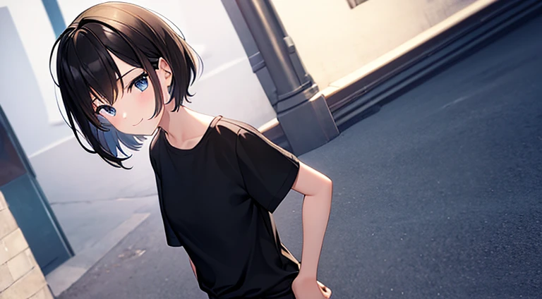 masterpiece, best quality, 1girl, solo, child, tomboy, straight hair, short hair, dark hair, dark eyes, black t-shirt, denim, streets, standing, hands on hips, looking at viewer, smile