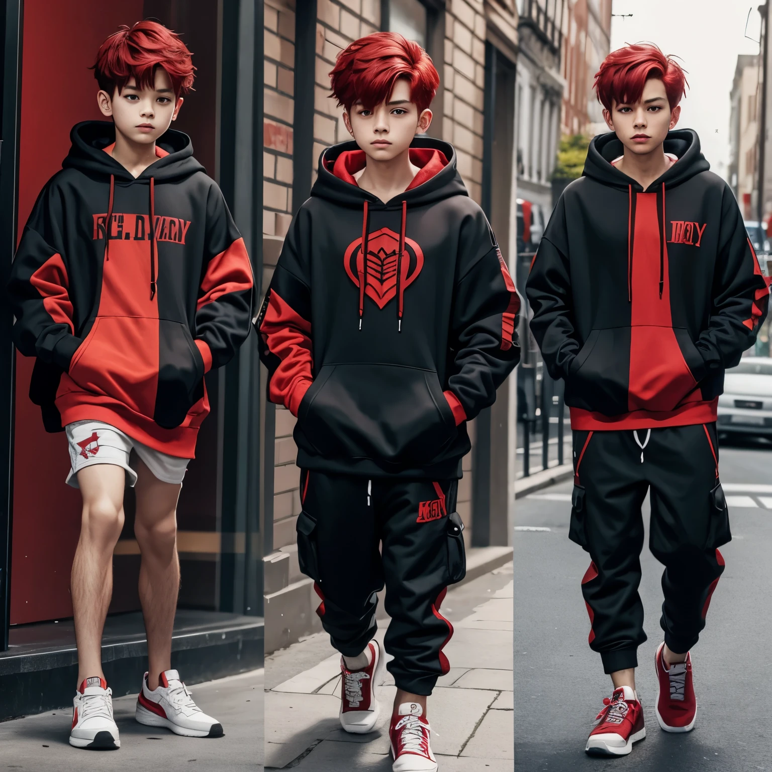 Red mesh hair boy boy whole body hoodie
