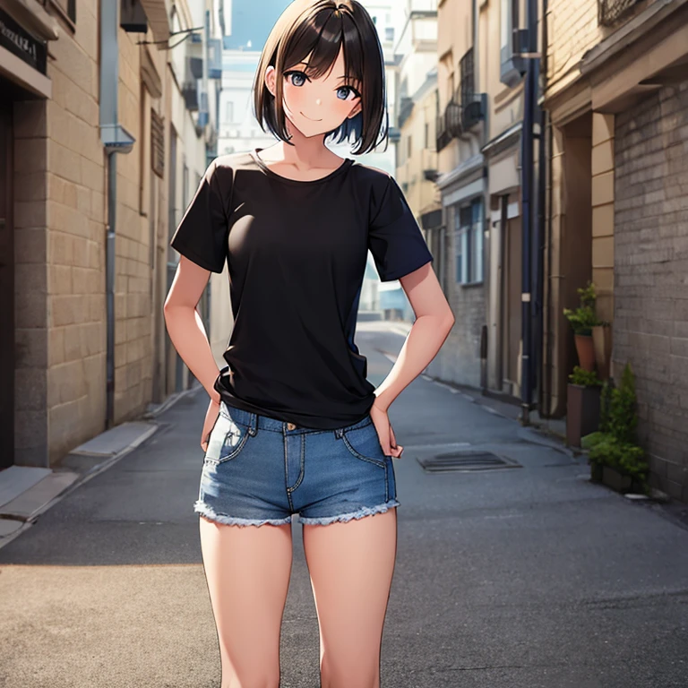 masterpiece, best quality, 1girl, solo, child, tomboy, straight hair, short hair, dark hair, dark eyes, black t-shirt, denim, streets, standing, hands on hips, looking at viewer, smile