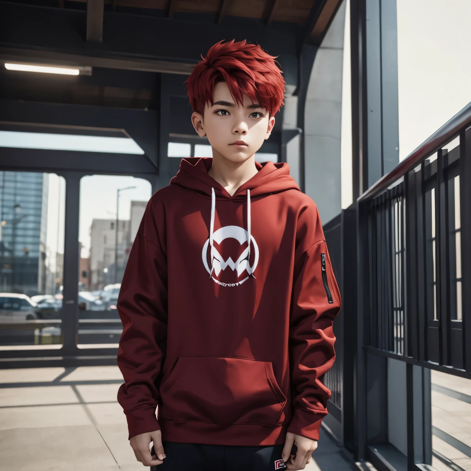 Red mesh hair boy boy whole body hoodie