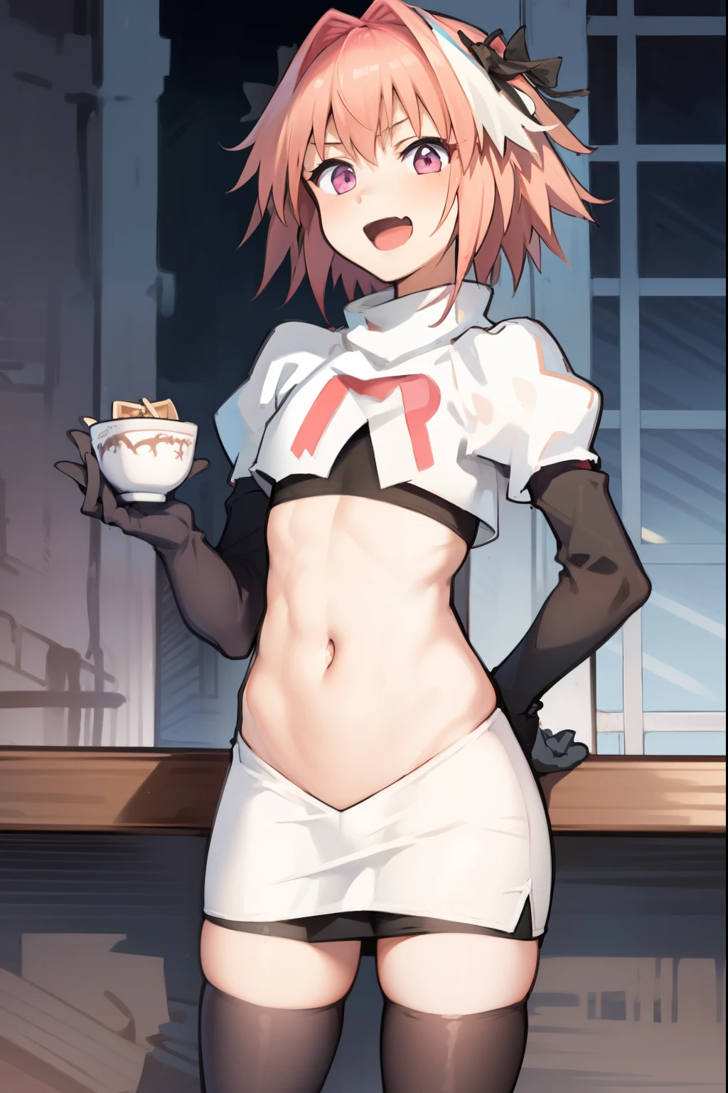 absurdres, masterpiece, best quality, (astolfo fate:1.2155), 1boy, male focus, trap, pink multicolored hair, pink hair, white hair, hair intakes, long hair, pink detailed eyes, crossdressing,1boy, team rocket,team rocket uniform, red letter R, white skirt,white crop top,black thigh-highs,black elbow gloves