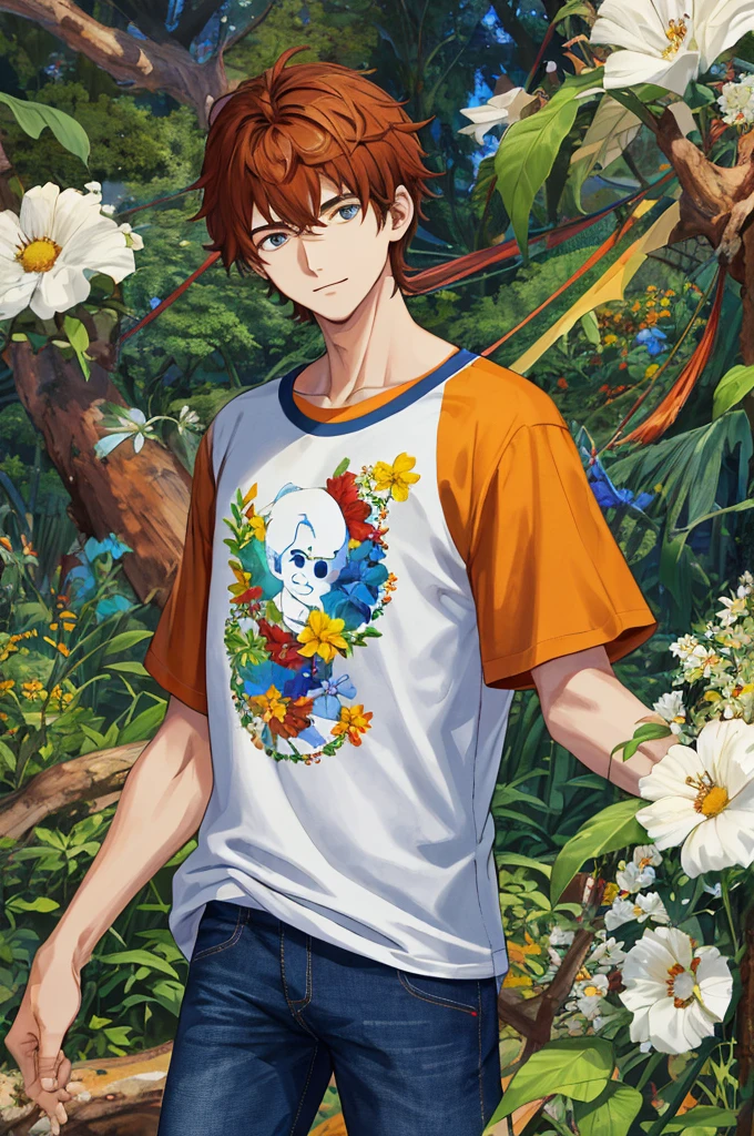 Homem alto, de cabelos curto escuros marrons claros, com camiseta comum branca, dark blue jeans, claro, com olhos multicores, em um cenrairo de floresta fantastica de funco no clima de outono