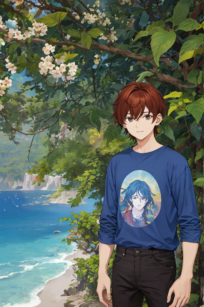 Homem alto, de cabelos curto escuros marrons claros, com camiseta comum branca, dark blue jeans, claro, com olhos multicores, em um cenrairo de floresta fantastica de funco no clima de outono