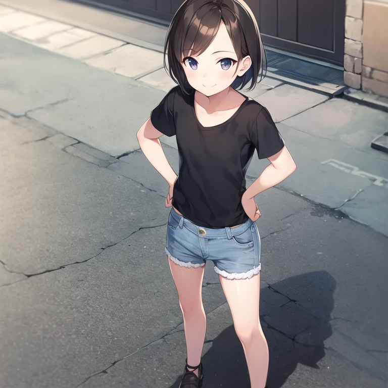 masterpiece, best quality, 1girl, solo, child, tomboy, straight hair, short hair, dark hair, dark eyes, black t-shirt, denim, streets, standing, hands on hips, looking at viewer, smile