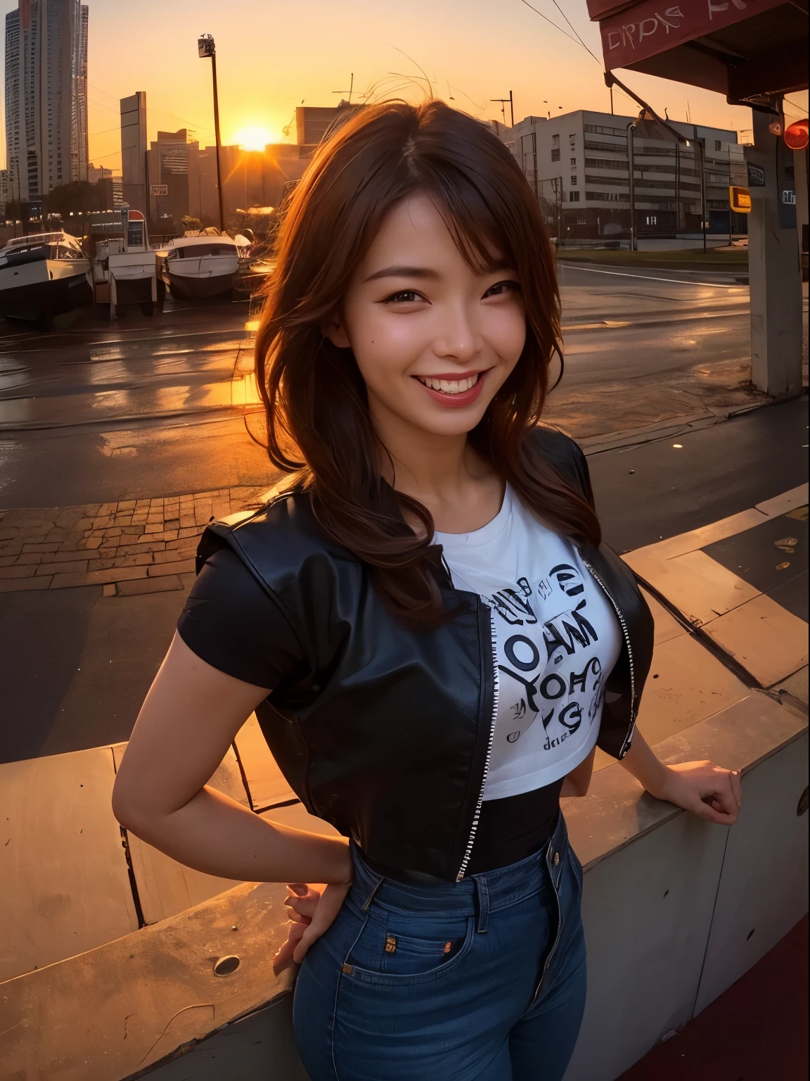 1 punk girl, fish eye, Self-shot, Wind, hair messy, Sunset, Cityscape, (Aesthetics and atmosphere:1.2),Smiling、Hyper-realistic