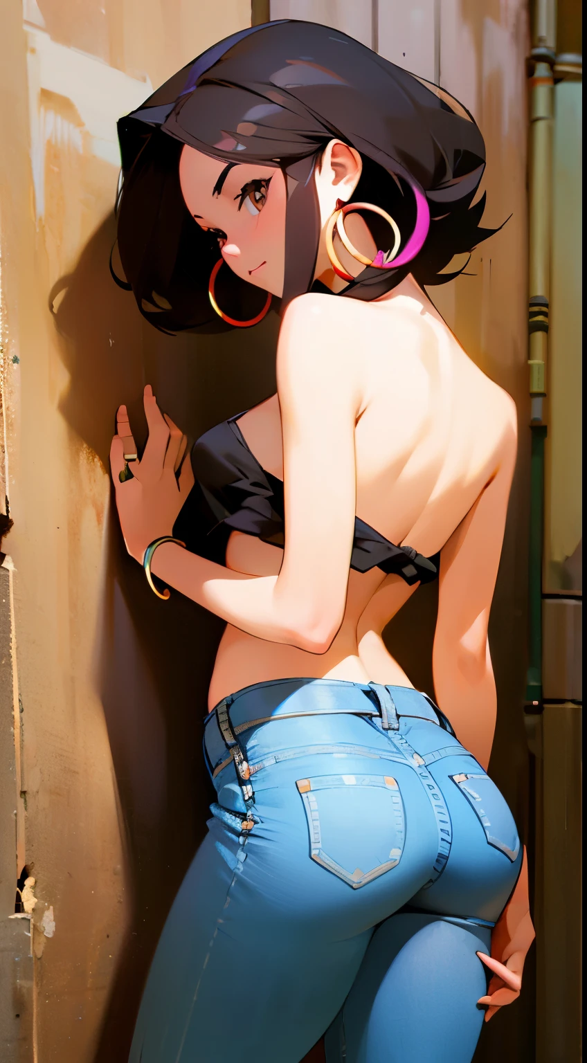 realistic photo, best possible quality, night, street with alley and graffiti on the walls, young black african woman, 20 years old, brunette with brown eyes, large hoop earrings, very short brown african hair, perfect body, her back, definied butt, well-defined hips, she only wears open denim shorts that show the black panties, sensual and mischievous look, makeup