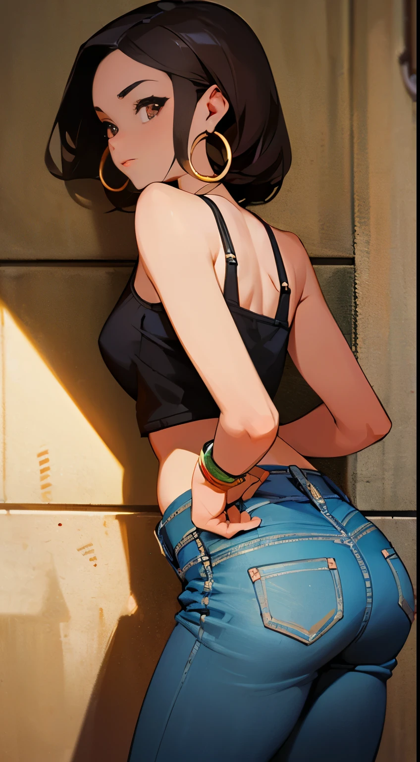 realistic photo, best possible quality, night, street with alley and graffiti on the walls, young black african woman, 20 years old, brunette with brown eyes, large hoop earrings, very short brown african hair, perfect body, her back, definied butt, well-defined hips, she only wears open denim shorts that show the black panties, sensual and mischievous look, makeup