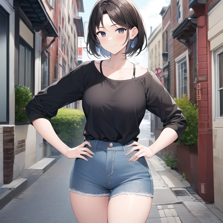 masterpiece, best quality, 1girl, solo, mature female, milf, motherly, straight hair, short hair, dark hair, dark eyes, black t-shirt, denim, streets, standing, hands on hips, looking at viewer, smile