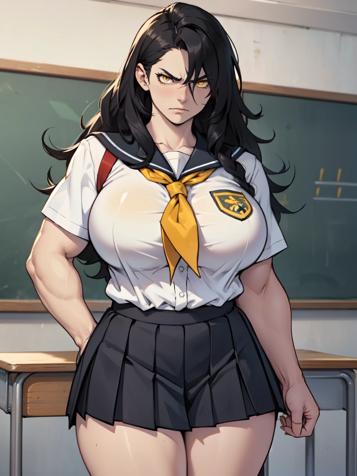 ((1girl)), black hair, extremely long hair, yellow eyes, ((muscular)), huge breasts, thick thighs, solo, angry, (pale skin), cowboy shot, (school uniform) (huge breasts)