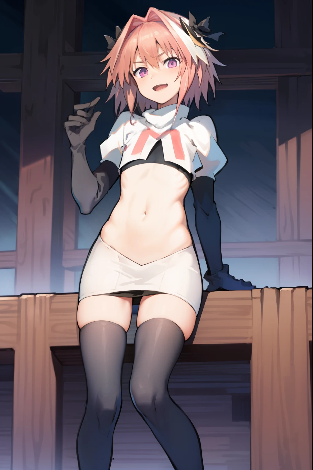 absurdres, masterpiece, best quality, (astolfo fate:1.2155), 1boy, male focus, trap, pink multicolored hair, pink hair, white hair, hair intakes, long hair, pink detailed eyes, crossdressing,1boy, team rocket,team rocket uniform, red letter R, white skirt,white crop top,black thigh-highs,black elbow gloves