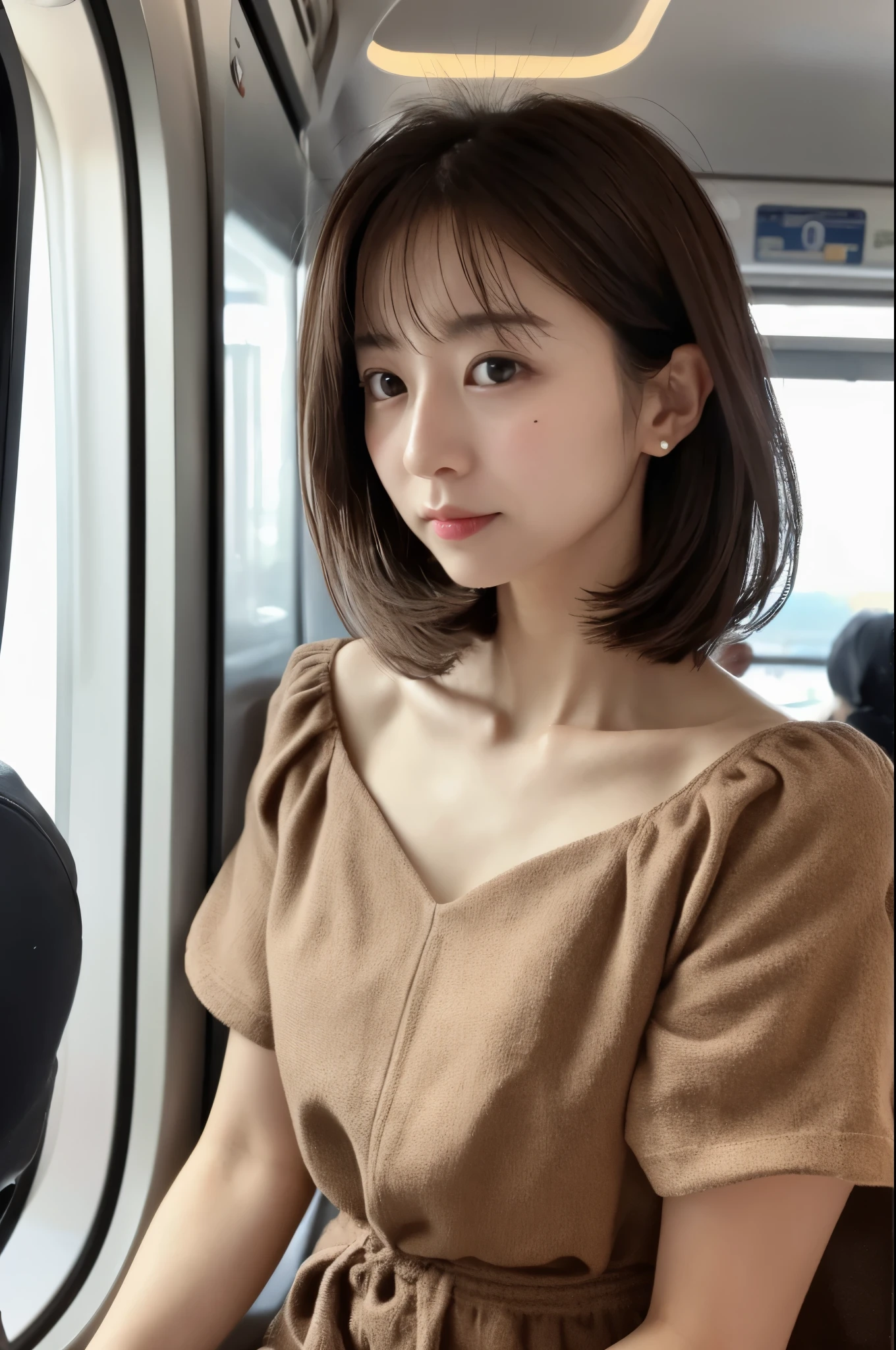 (top-quality、8k、32k、​masterpiece、UHD:1.2)、depth of field:1.2、Photo of a cute Japanese woman、30-years old、beautiful and flawless face, browny short hair、beauitful face、A slender:1.2、small breasts:1.2、detail portrayal, Cinematic visuals, In a crowded train, seen by all men, Embarrassed face, A face that looks comfortable with its mouth slightly open, short dress, Thin fabric, emphasize the waist, Slender and beautiful legs, Chest exposed from the side, Sides exposed