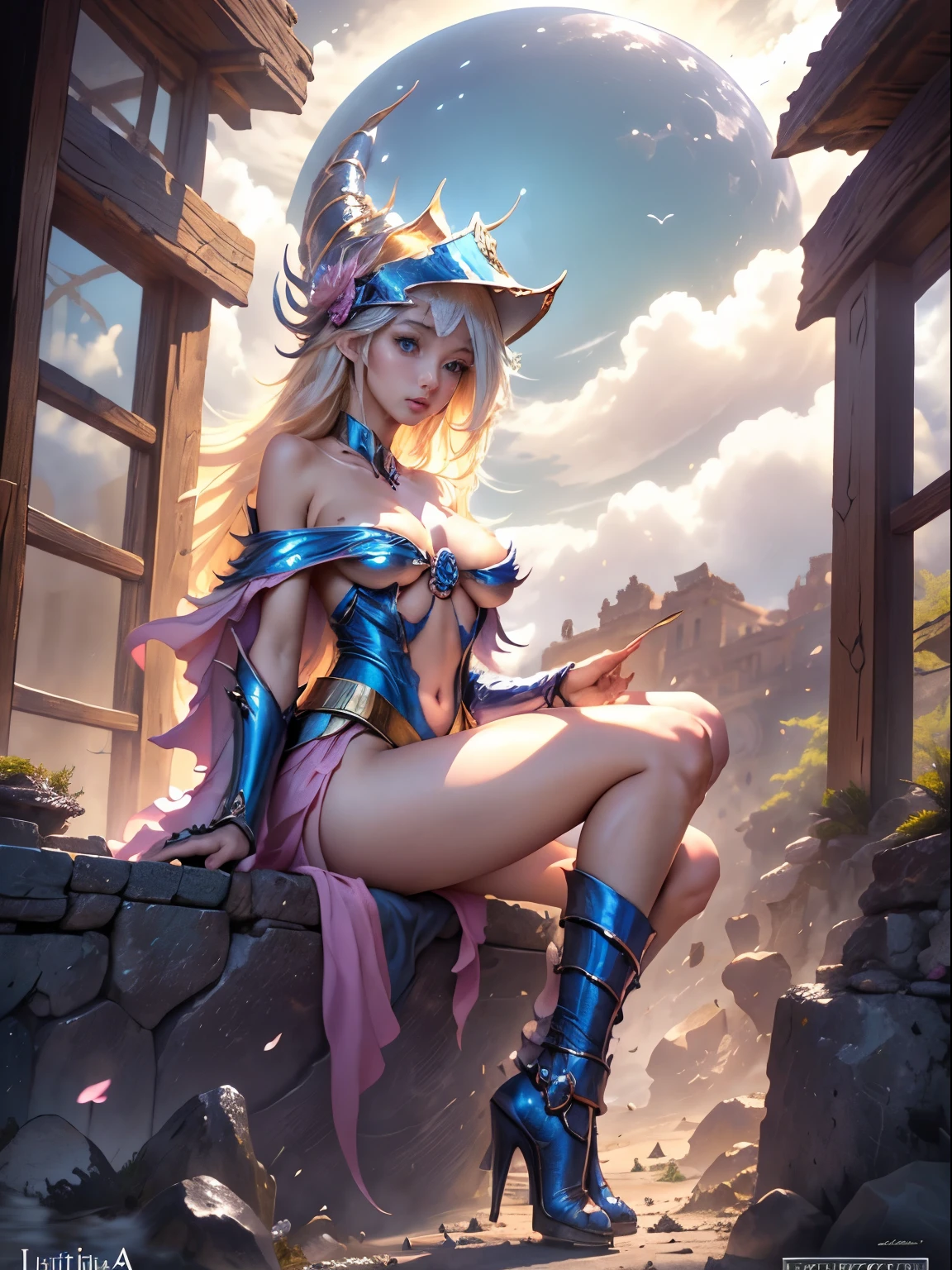 Dark magician gilejor calidad, ((obra maestra)), (detallada), rubia, smal boobs, smal boobs, seductive succubus, Ethereal Beauty, Perched on a pink flowering tree, (Fantasy Illustration: 1.3), mirada encantadora, cautivadora pose, chica dark magician gils sola, delicadas alas de mariposa, encanto de otro mundo, mystical sky, (Luis Royo:1.2), (Yoshitaka Amano:1.1), Moonlit morning, colores suaves, (nubes detalladas:1.3), (high resolusion:1.2) ( dragon flying in the sky) vestido, piernas colgando sobre el estanque, diosa griega, realista, realismo, cuerpo sexy, Desert Landscape. Tacones azules. Pose sejustiva