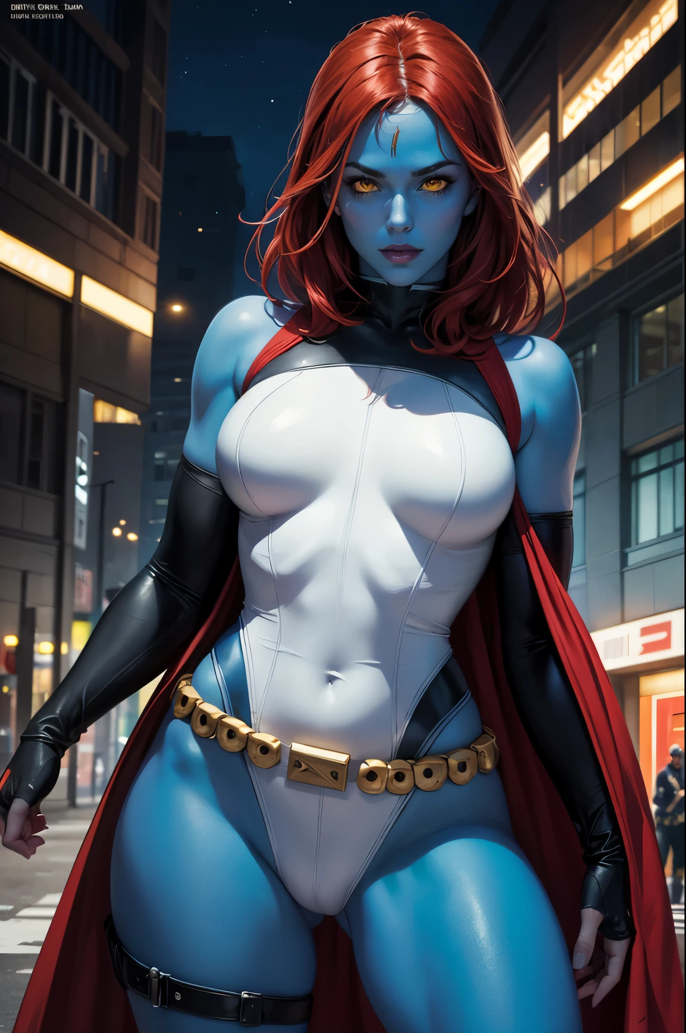 8k, mystique, on a scycraper, nighttime, (cool superhero pose), detailed pupils, white bodysuit, skull belt, masterpiece, best quality, detailed, comics style, (looking at viewer:1.25), 25 years old, blue skin, red hair, yellow eyes,