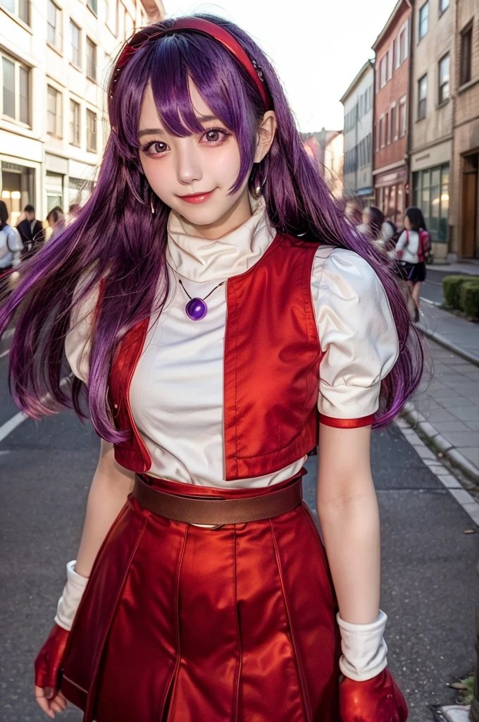 (masterpiece), (best quality), (ultra-detailed), intricate detail, athena97, 1girl, solo, purple eyes, purple hair, long hair, white earrings, red hairband, star hair ornament, medium breats, red vest, white turtleneck, white puffy sleeves, short sleeves, red pleated skirt, (deep red pantyhose:1.2), black pantyhose, yellow belt, purple sphere shape necklace, red fingerless gloves, white short socks, red shoes,   (outdoors), photography, smile, blush, sunny, nsfw, cowboy shot, blurry background, street background,