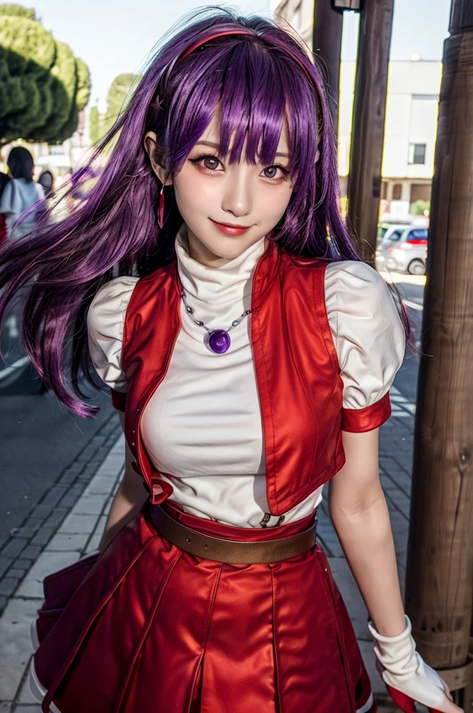 (masterpiece), (best quality), (ultra-detailed), intricate detail, athena97, 1girl, solo, purple eyes, purple hair, long hair, white earrings, red hairband, star hair ornament, medium breats, red vest, white turtleneck, white puffy sleeves, short sleeves, red pleated skirt, (deep red pantyhose:1.2), black pantyhose, yellow belt, purple sphere shape necklace, red fingerless gloves, white short socks, red shoes,   (outdoors), photography, smile, blush, sunny, nsfw, cowboy shot, blurry background, street background,