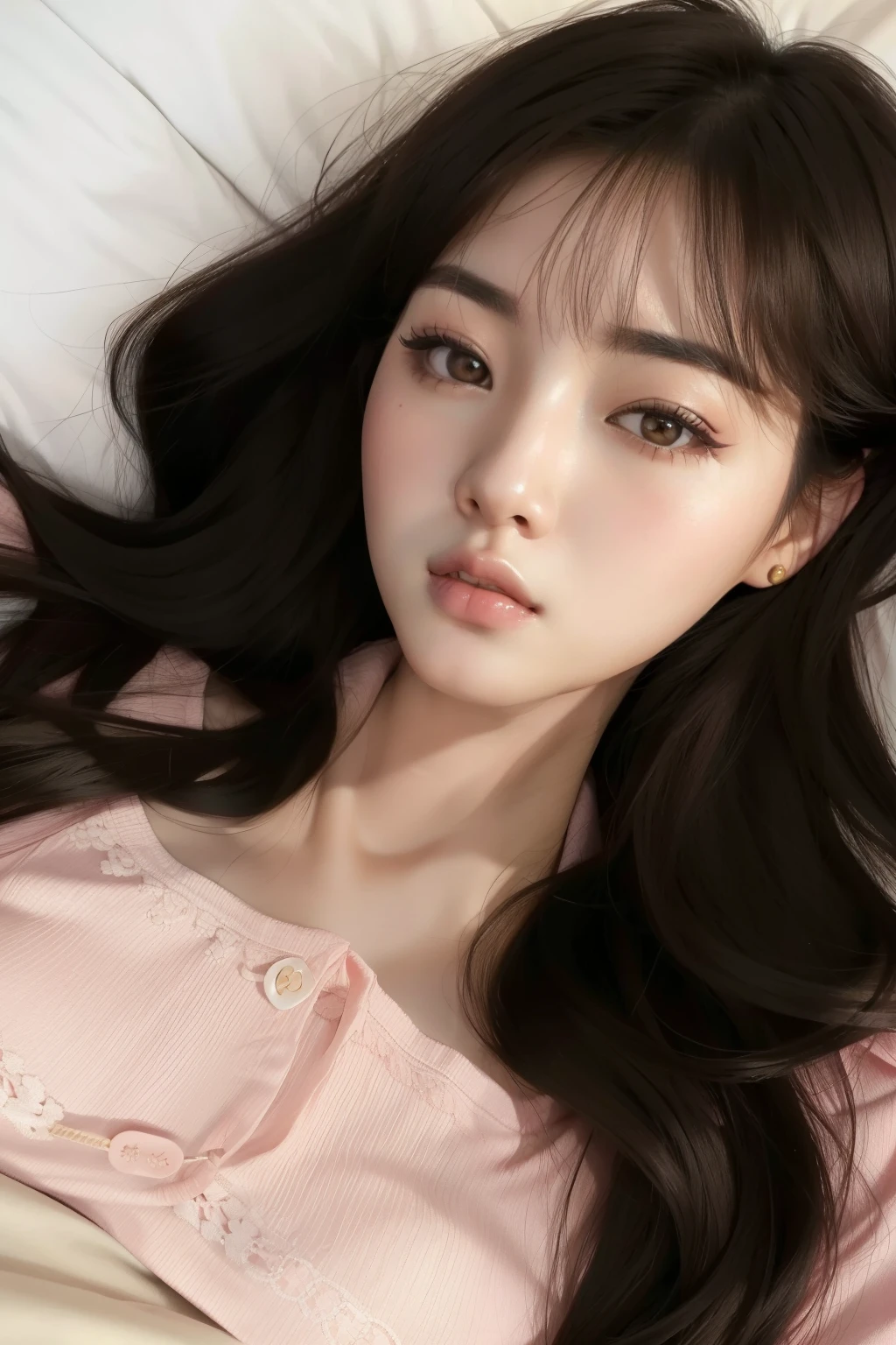 Araffe Asian woman lying in bed wearing a pink shirt, ulzzang, maquillaje popular de Corea del Sur, Joven y adorable rostro coreano, maquillaje coreano popular, young cute wan asian face, Jinyoung Shin, Hermosa joven coreana, chica linda-fina-cara, Wan adorable cara coreana, Hermosa joven coreana, Beautiful aesthetic face, Cara delicada y encantadora, Rasgos de la cara coreana