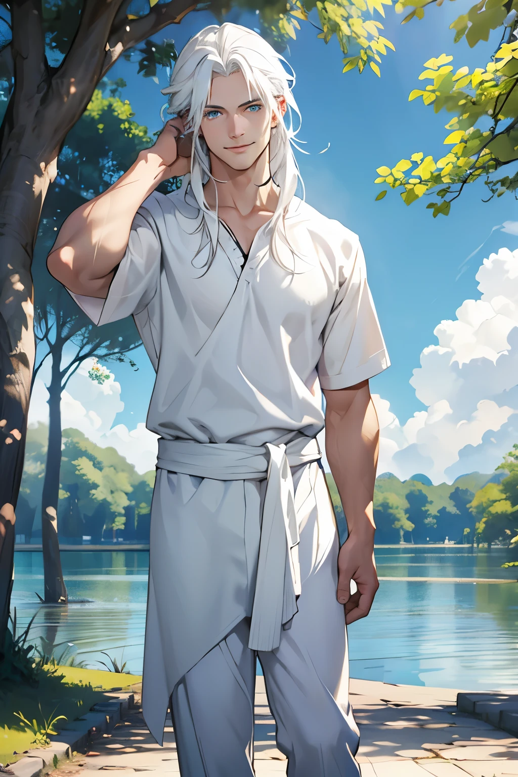 Make a very handsome man, young, thin, pale, long white hair, flowing in the wind, blue eyes. Wearing white casual clothes. Standing under a tree near a lake. Eyes shining, in the light of day. Smiling.
