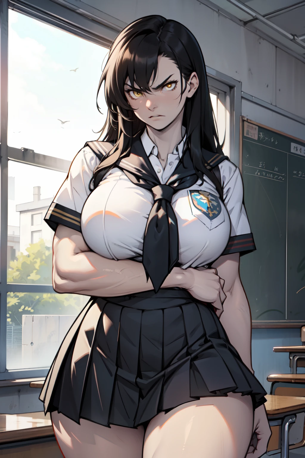 (1girl), black hair, extremely long hair, yellow eyes, ((muscular)), huge breasts, thick thighs, solo, angry, (pale skin), cowboy shot, (school uniform) best quality best quality best quality