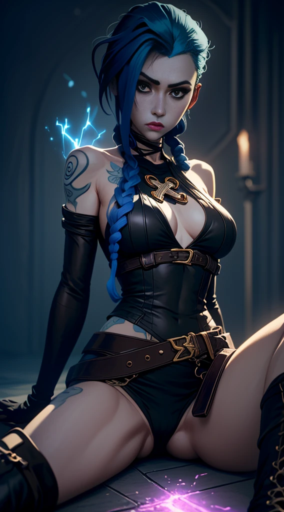 Jinx's character design, naked, Dynamic movements, lying naked on her back, bare breast, covers the chest with his hands, Swollen , butt, kitty, sexypose, Beautiful figure, Arcane's Jinx, Bright blue and purple sparks all around, glowing eyes, Pink glowing eyes, hairlong, hairsh, braided into long braids, Pigtails hang below the knee, Hair color changes from bright blue to navy blue, Dressed in brown breeches, Leather boots on the feet, Top with four gold circles on the chest in the middle of the chest, Blue cloud tattoos on shoulders and waist, Long bangs, hanging on the right side, Belt with cartridges on the belt, Arcane style, extremely detailed CG unity 8k wallpaper, detailed light, Cinematic lighting, chromatic aberration, glittering, expressionless, epic composition, dark in the background, Cherecter Desing, Very detailed, Detailed body, Vibrants, Detailed Face, sharp-focus, anime art, Vibrants, Detailed Face, Hugh Details, sharp-focus, Very drooping face, A detailed eye, super fine illustration, better shadow, finely detail, Beautiful detailed glow, Beautiful detailed, Extremely detailed, expressionless, epic composition,