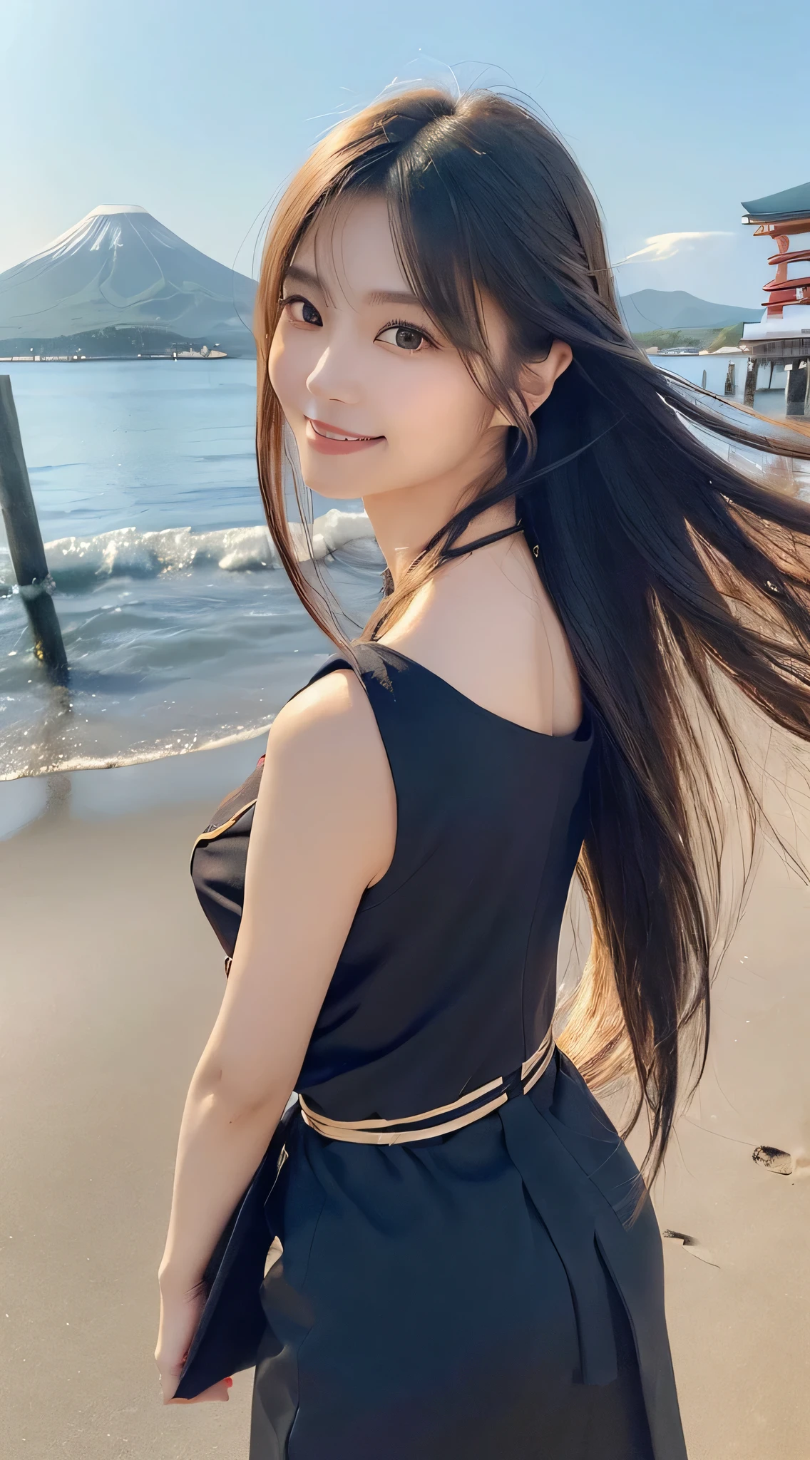 (One Woman),(Bursting smile:1.5),(Look at viewers:1.1),(hide one's hands:2.0),(Beautiful Japan Woman),(hair behind ear, hair over shoulder, straight haired, Long hair, strong wind in the hair:1.5), (High neck sleeveless , tight skirts:1.5), (high-heels;1.3), detailed clothes, (Perfect female body), (Narrow waist:1.5), (Bust Up Portrait:1.3), Dynamic Pose, Cinematic Light, shores