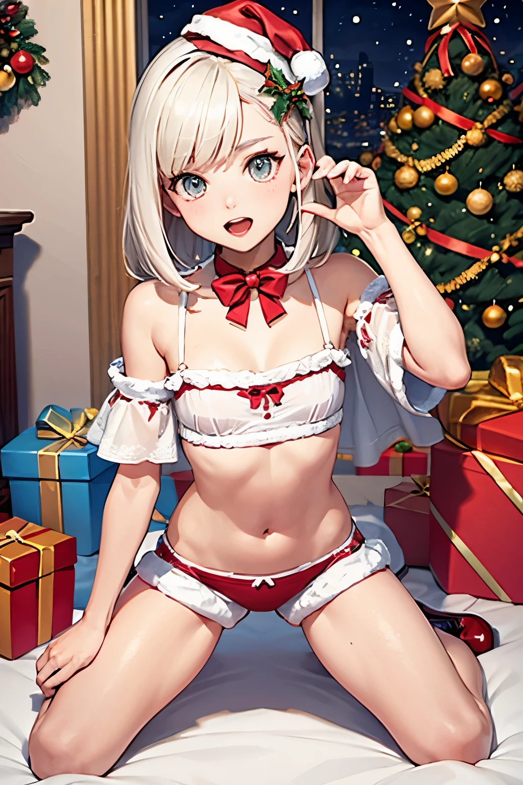 Colette brawl stars en vestidor. Full body and Christmas underwear , se ven los senos atraves de la ropa interior . Cabello blanco . Cabello Brillante, poses de gato . Fondo de un vestidor .