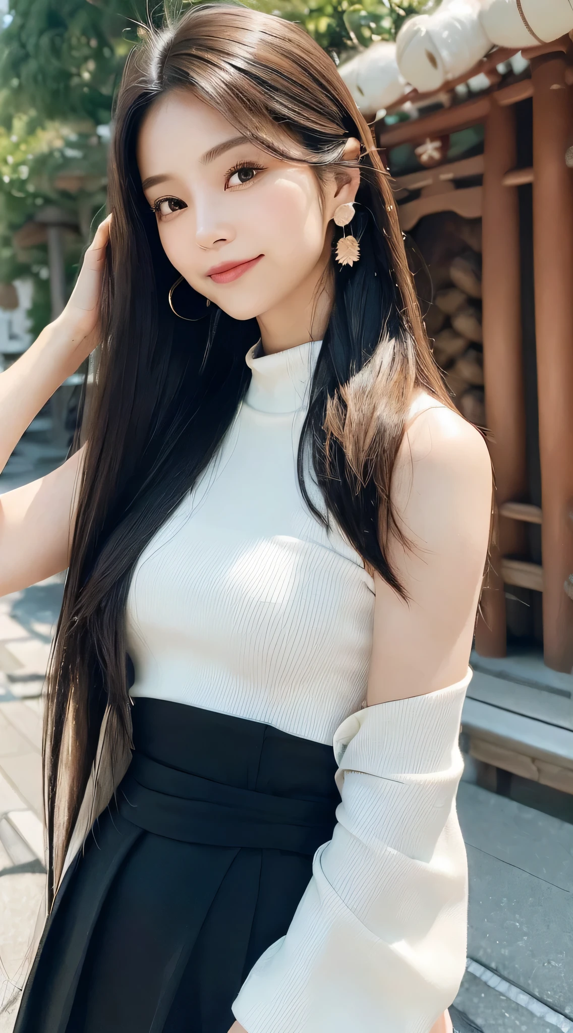 (One Woman),(Bursting smile:1.5),(Look at viewers:1.1),(hide one's hands:2.0),(Beautiful Japan Woman),(hair behind ear, hair over shoulder, straight haired, Long hair, strong wind in the hair:1.5), (High neck sleeveless , tight skirts:1.5), (high-heels;1.3), detailed clothes, (Perfect female body), (Narrow waist:1.5), (Bust Up Portrait:1.3), Dynamic Pose, Cinematic Light, shores