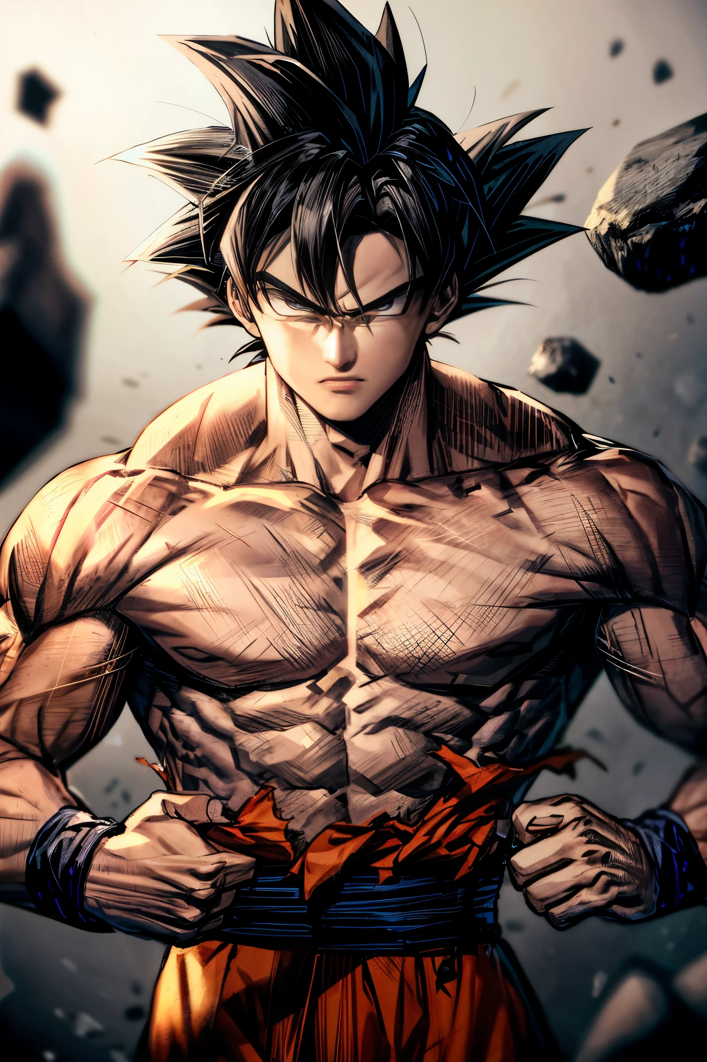 son goku, 1boy, closed mouth, male focus, muscular, muscular male, rock, sash, serious, solo, spiked hair, topless male, torn clothes, ultra instinct, black eyes, black hair, ((masterpiece))
