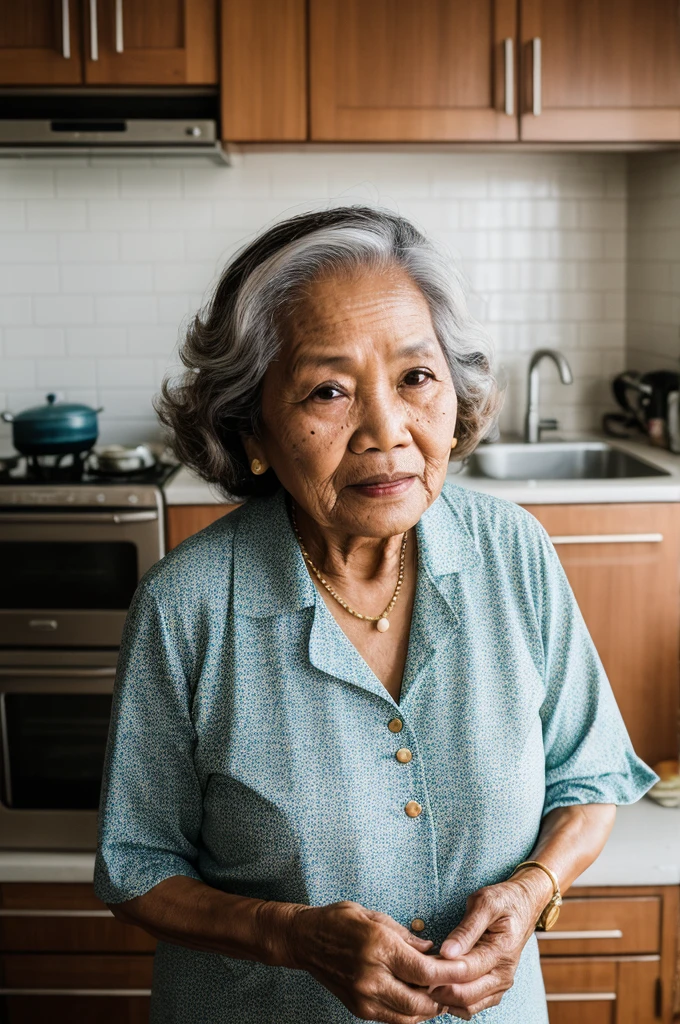 RAW photo, a portrait photo of 75 y.o filipino woman, grandma, grandmother, wrinkles, kind eyes, old, wisdom, retro '70s blouse with wide collar, traveler clothes, cooking in the kitchen, rice, steam, greasy stove, fish, natural brown skin, 8k uhd, high quality, film grain, Fujifilm XT3