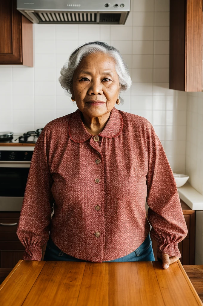 RAW photo, a portrait photo of 75 y.o filipino woman, grandma, grandmother, wrinkles, kind eyes, old, wisdom, retro '70s blouse with wide collar, traveler clothes, cooking in the kitchen, rice, steam, greasy stove, fish, natural brown skin, 8k uhd, high quality, film grain, Fujifilm XT3