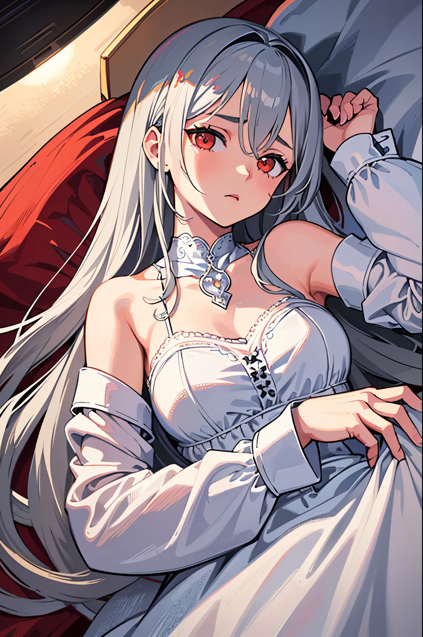 hight resolution, HighestQuali, illustartion, cinematiclight, Ultra Detailed, Detailed Face, (detailed eye quality, Ultra Detailed, Masterpiece, (Detailed Face), Sweet girl,long gray hair,white pajamas all over the body,Body chains,cry,Lie down in bed, White long hair, red-eyes