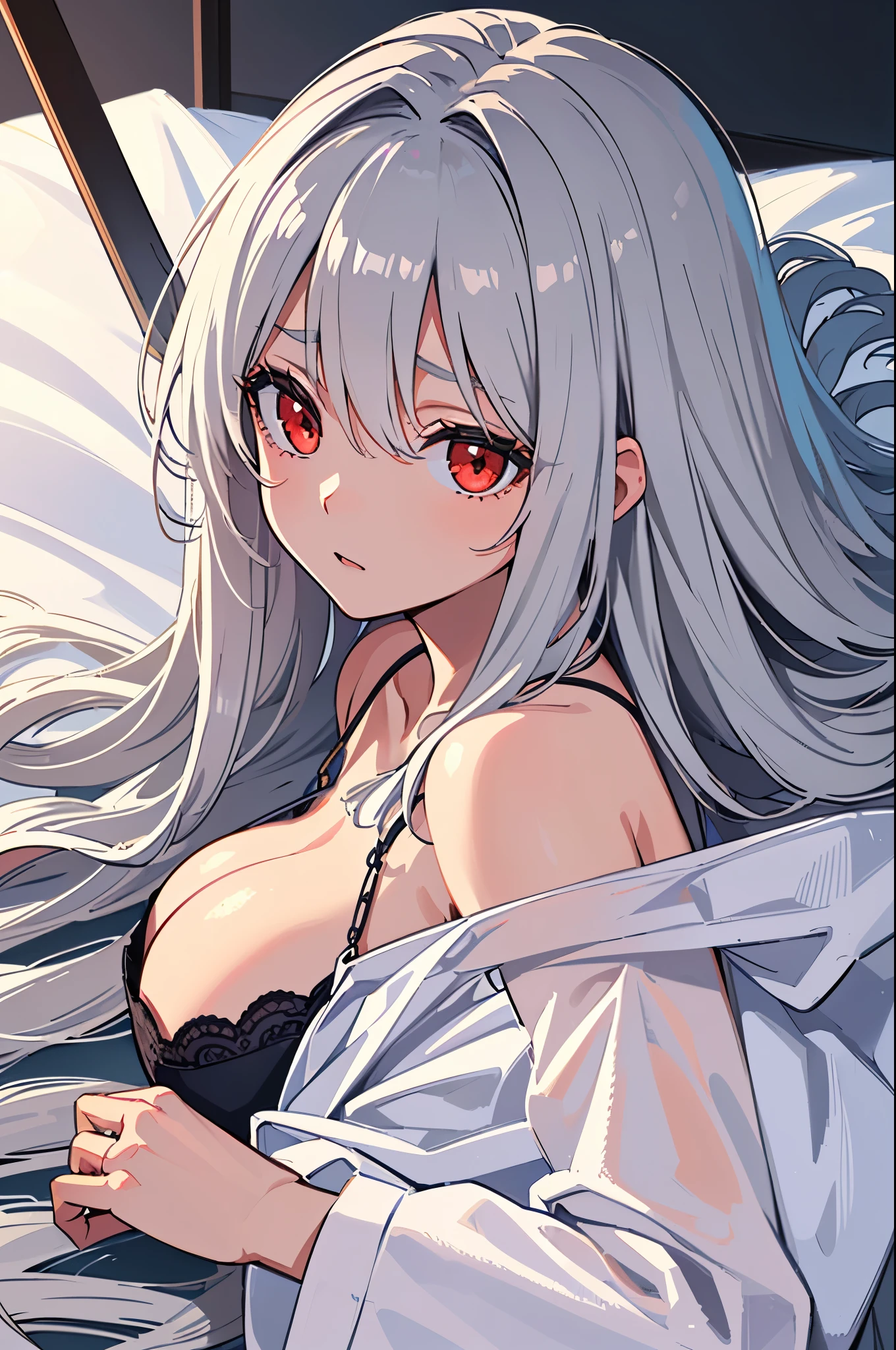 hight resolution, HighestQuali, illustartion, cinematiclight, Ultra Detailed, Detailed Face, (detailed eye quality, Ultra Detailed, Masterpiece, (Detailed Face), Sweet girl，long gray hair，white pajamas all over the body，Body chains，cry，Lie down in bed, White long hair, red-eyes