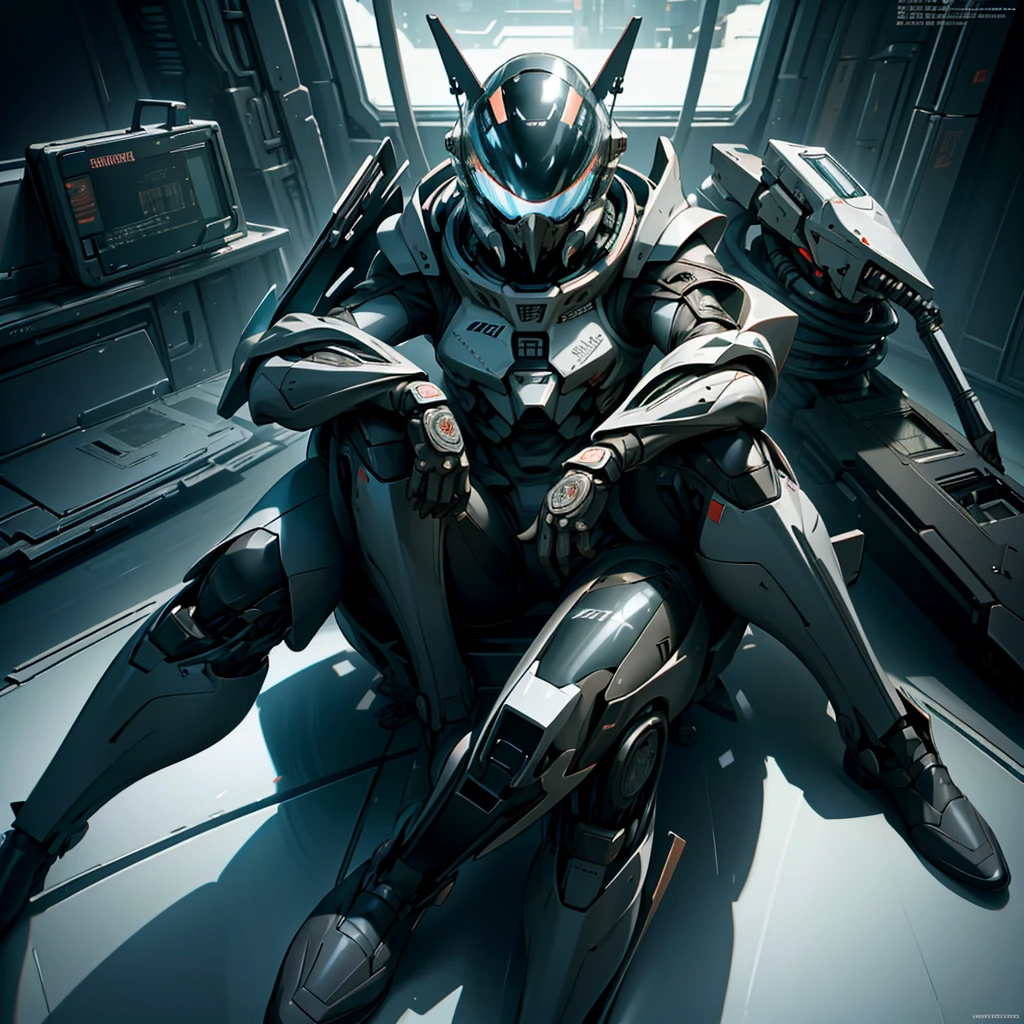 (best quality, hyper detailed:1.2), in nihei tsutomu style, knights of sidonia, 1girl, spacesuit, opend helmet, looking at viewer, sitting on the cockpit, closed legs