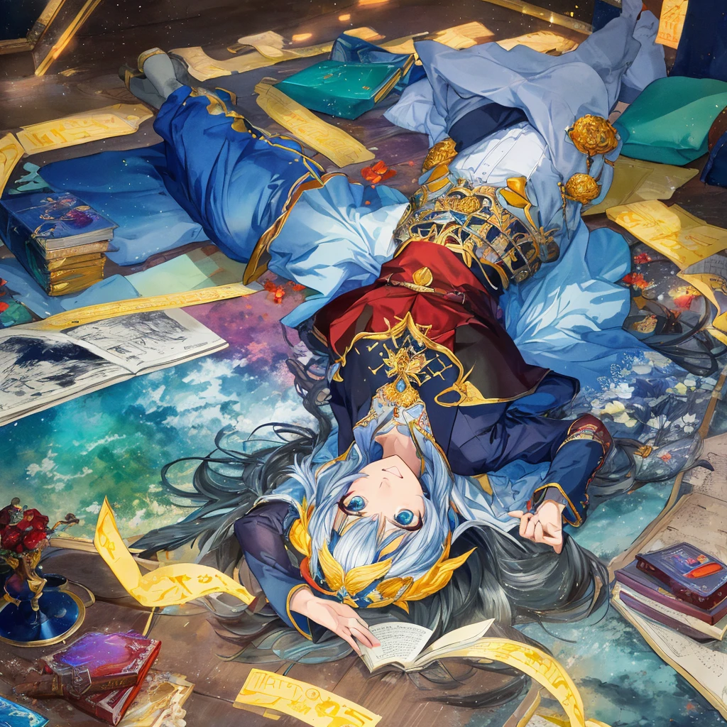 Contador de historias, estorias mitico, Legendary lying upside down, sobre livros, cenrio lindo, ludico, magestral, epico, Cinematico, realista, com atimosfera, cinematrografica enigmatica suspense e clara, mas simples, real lighting, magica, com efeitos compartilhados com o real e imaginario, Hoem, garoto com olhos multicolor, cabelos escuros como a noite, e olhos flamejantes como chamas