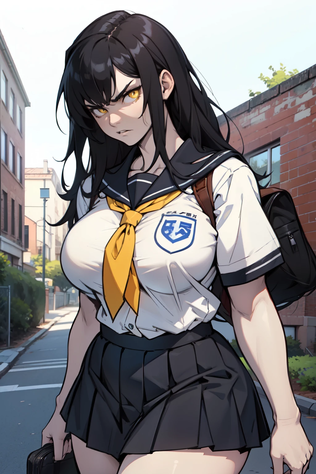 (1girl), black hair, extremely long hair, yellow eyes, ((muscular)), huge breasts, thick thighs, solo, angry, (pale skin), cowboy shot, (school uniform) (best quality best quality best quality)