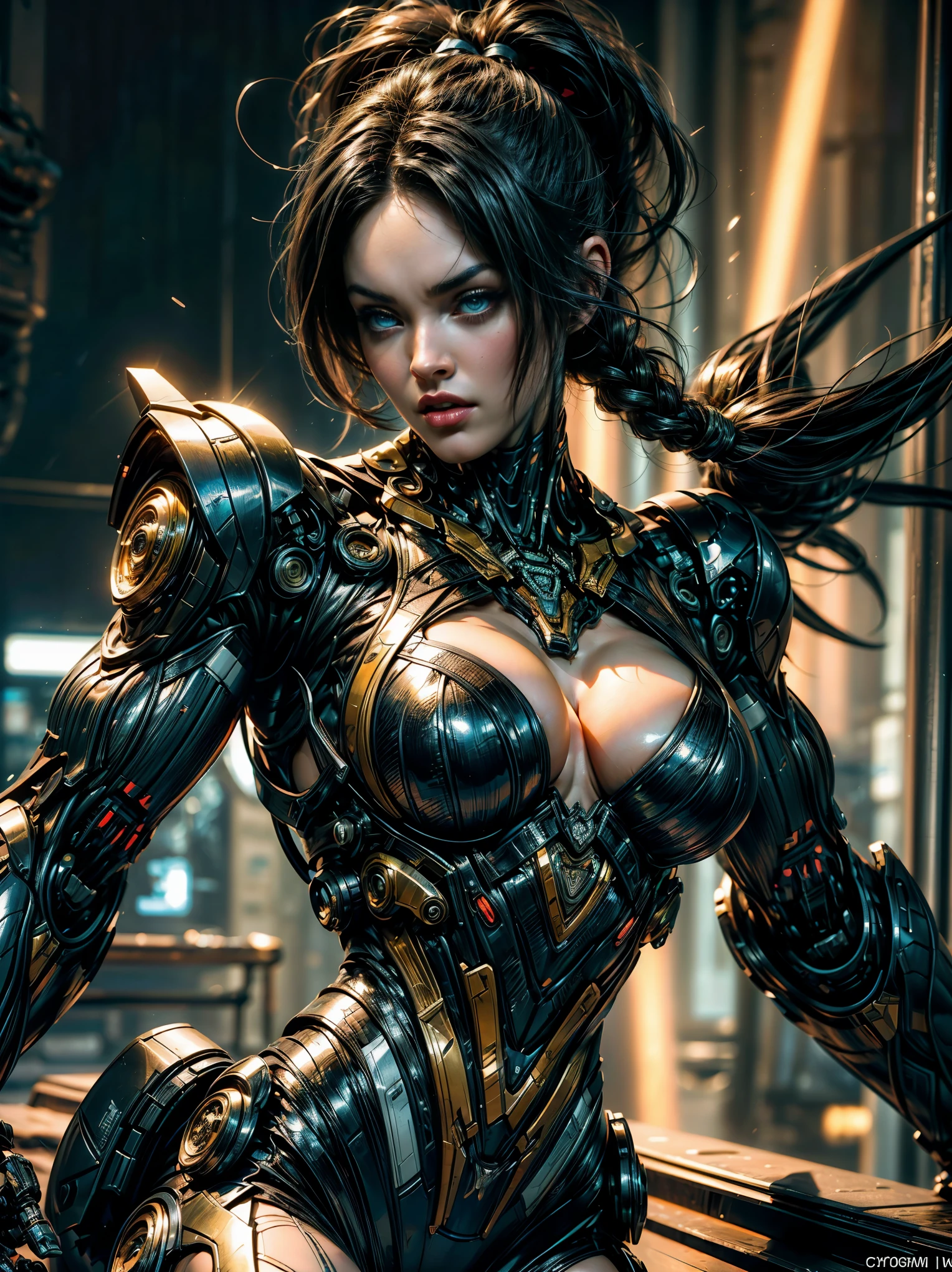 (megan fox), Cinematic, hyper-detailed, and insanely detailed, this artwork captures the essence of a muscular cyborg girl. Beautiful color grading, enhancing the overall cinematic feel. Unreal Engine brings her anatomic cybernetic muscle suit to life, appearing even more mesmerizing. With the use of depth of field (DOF), every detail is focused and accentuated, drawing attention to her eyes and the intricate design of the anatomic cybernetic muscle suit . The image resolution is at its peak, utilizing super-resolution technology to ensure every pixel is perfect. Cinematic lighting enhances her aura, while anti-aliasing techniques like FXAA and TXAA keep the edges smooth and clean. Adding realism to the anatomic cybernetic muscle suit, RTX technology enables ray tracing. Additionally, SSAO (Screen Space Ambient Occlusion) gives depth and realism to the scene, the girl's anatomic cybernetic muscle suit become even more convincing. In the post-processing and post-production stages, tone mapping enhances the colors, creating a captivating visual experience. The integration of CGI (Computer-Generated Imagery) and VFX (Visual Effect brings out the anatomic cybernetic muscle suit's intricate features in a seamless manner. SFX (Sound Effects) complement the visual artistry, immersing the viewer further into this fantastic world. The level of detail is awe-inspiring, with intricate elements meticulously crafted, the artwork hyper maximalist and hyper-realistic. Volumetric effects add depth and dimension, and the photorealism is unparalleled. The image is rendered in 8K resolution, ensuring super-detailed visuals. The volumetric lightning adds a touch of magic, highlighting her beauty and the aura of her anatomic cybernetic muscle suit in an otherworldly way. High Dynamic Range (HDR) technology makes the colors pop, adding richness to the overall composition. Ultimately, this artwork presents an unreal portrayal of a super muscled cyborg girl
