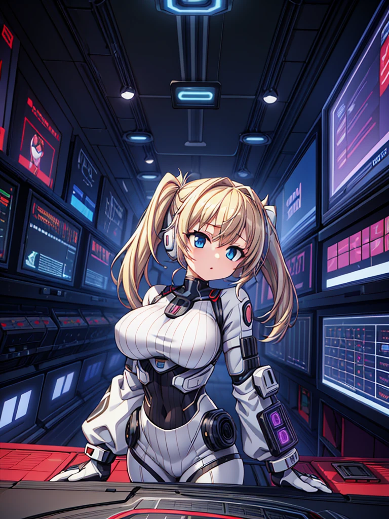 4K,hight resolution,One Woman,White blonde hair,poneyTail,head phone,Colossal tits,ninjartist,White Cybersuit,Cyberpunk Handgun,underground city