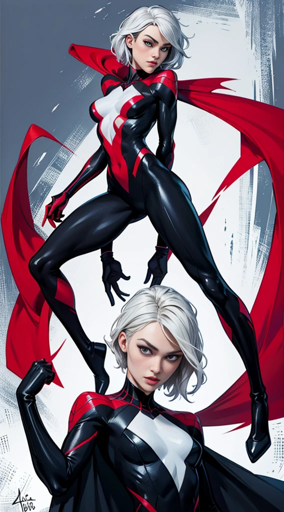 spider gwen, Hot, partial , hightquality, Dynamic Poses, Beautiful, Gorgeous, In love,Short suit, spider in a suit, white black red suit、keira knightley