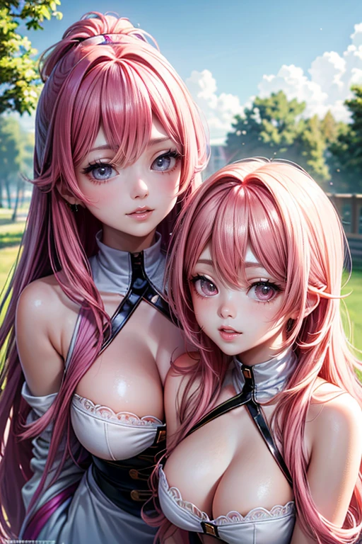 (Best Quality, 4K, 8K, hight resolution, masutepiece:1.2), Pink hair、bobhair、her are beautiful and big。you are twins。There are twin faces in the close-up。Bring your face closer to me。